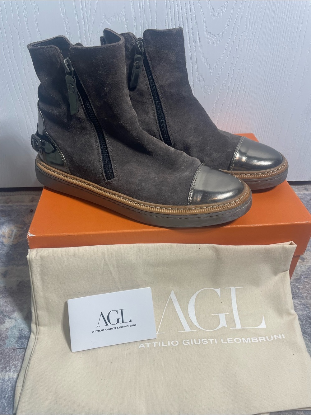 AGL Dark Brown Suede Ankle Sneakers with Metallic Toe Caps